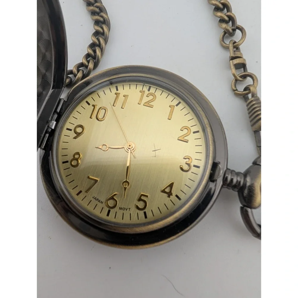 Grandpa Modern Quartz Pocket Watch Men 50mm Chain Gold Dial- New Battery